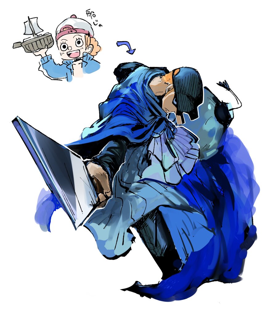 1boy absurdres age_progression arrow_(symbol) backwards_hat baseball_cap blue_jacket blue_robe child closed_mouth collared_jacket commentary curly_hair et_kisiritoru eyelashes floating_clothes hat highres holding holding_mask holding_toy holding_weapon jacket kaku_(one_piece) long_nose male_focus mask multiple_views one_piece open_clothes open_jacket orange_hair outstretched_arm partially_shaded_face robe serious shirt short_hair skull skull_mask solid_oval_eyes tassel teeth tongue toy toy_ship unworn_mask upper_teeth_only weapon white_shirt