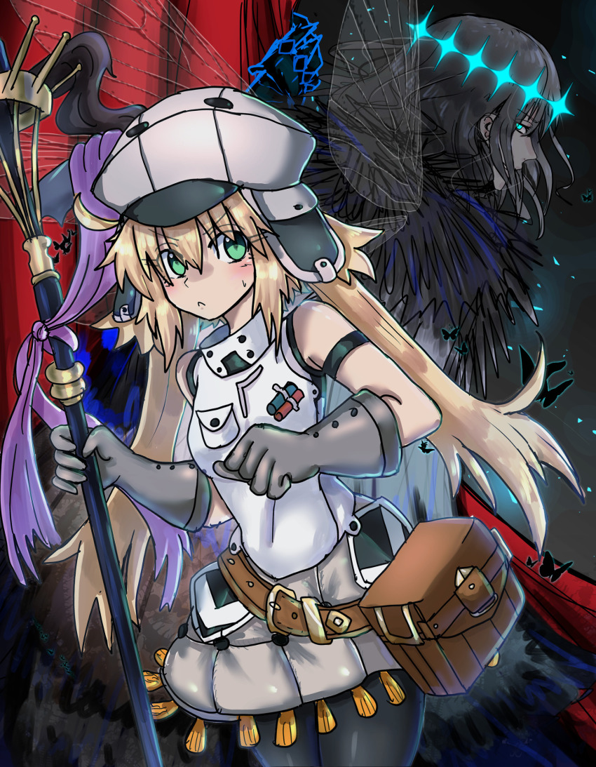 1boy 1girl ahoge artoria_caster_(fate) artoria_caster_(first_ascension)_(fate) artoria_pendragon_(fate) bare_shoulders black_hair black_pantyhose blonde_hair blue_eyes breasts cabbie_hat cloak diamond_hairband dragonfly_wings dress ebora fate/grand_order fate_(series) fur-trimmed_cloak fur_trim gloves glowing glowing_eyes green_eyes grey_gloves grey_skirt hat highres holding holding_staff long_hair looking_back oberon_(fate) oberon_(third_ascension)_(fate) pantyhose skirt small_breasts staff staff_of_selection_(fate) twintails white_dress