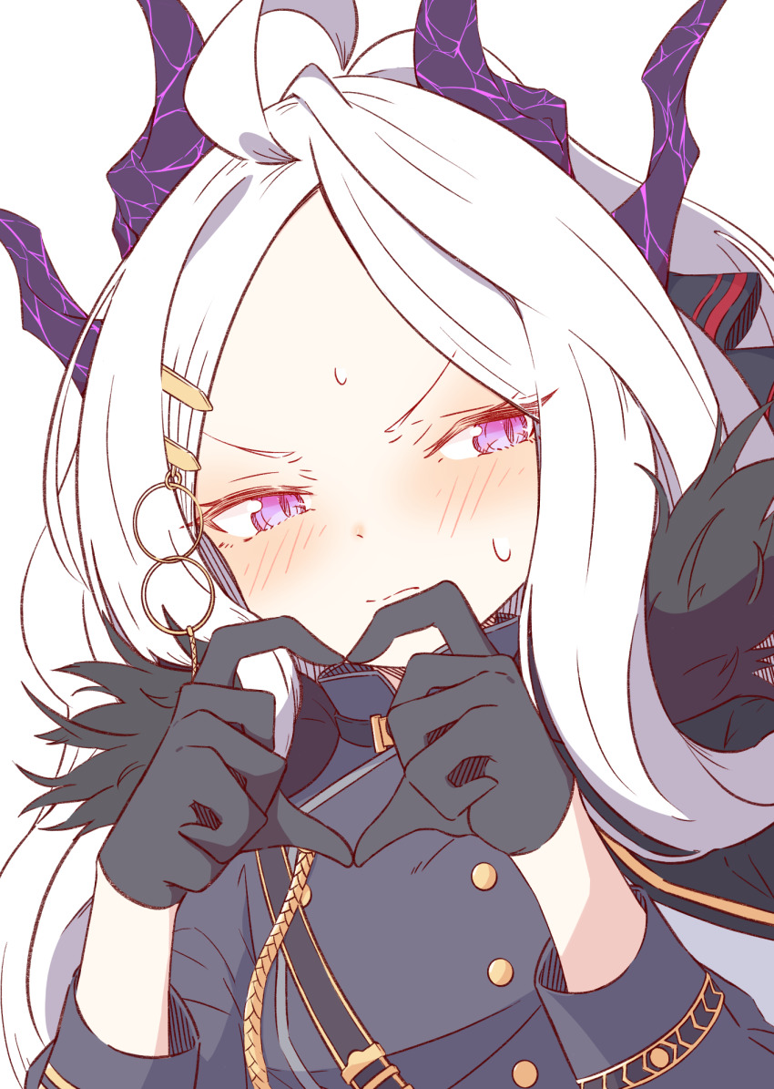 1girl 2657314861 ahoge black_gloves black_horns blue_archive blush bow coat coat_on_shoulders demon_girl demon_horns demon_wings forehead fur-trimmed_jacket fur_trim gloves hair_bow hair_ornament halo heart heart_hands highres hina_(blue_archive) horns jacket long_hair looking_to_the_side multiple_horns parted_bangs purple_eyes shy solo sweat very_long_hair white_background white_hair wings