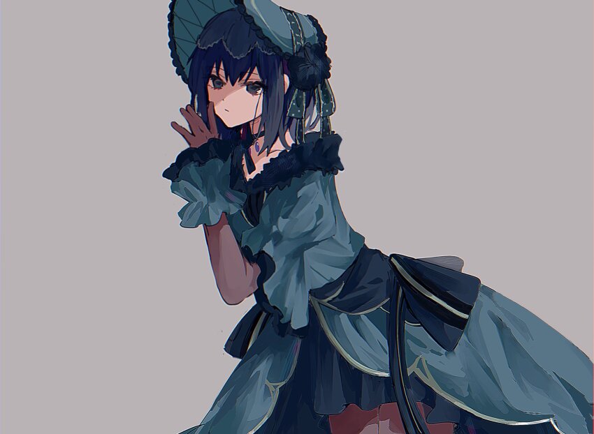 1girl aqua_dress black_choker black_eyes black_hair bonnet brown_pantyhose choker closed_mouth dress expressionless fate/grand_order fate_(series) grey_background highres k_7s kuonji_alice looking_at_viewer mahou_tsukai_no_yoru official_alternate_costume pantyhose short_hair simple_background solo