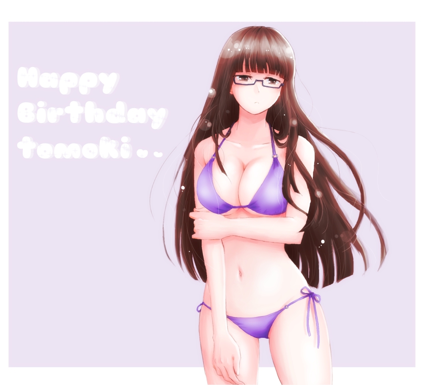 1girl bikini brown_eyes brown_hair female_focus glasses happy_birthday highres long_hair nashi_(starfish0115) purple_bikini saki_(manga) sawamura_tomoki solo standing swimsuit