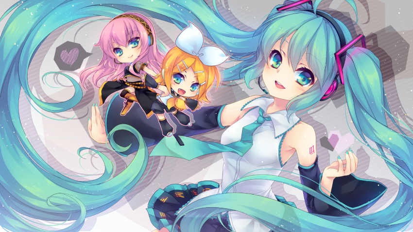 3girls ahoge aqua_eyes aqua_hair detached_sleeves hair_ornament hair_ribbon hairclip hatsune_miku highres kagamine_rin long_hair looking_at_viewer megurine_luka mini_person minigirl multiple_girls open_mouth ribbon shinia short_hair skirt smile twintails very_long_hair vocaloid