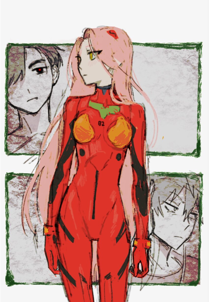 1girl 2boys alien_stage bodysuit commentary cosplay damukuri english_commentary feet_out_of_frame highres interface_headset ivan_(alien_stage) long_hair looking_to_the_side mecha_pilot_suit multiple_boys neon_genesis_evangelion pink_hair plugsuit red_bodysuit red_pupils souryuu_asuka_langley souryuu_asuka_langley_(cosplay) till_(alien_stage) very_long_hair yellow_eyes