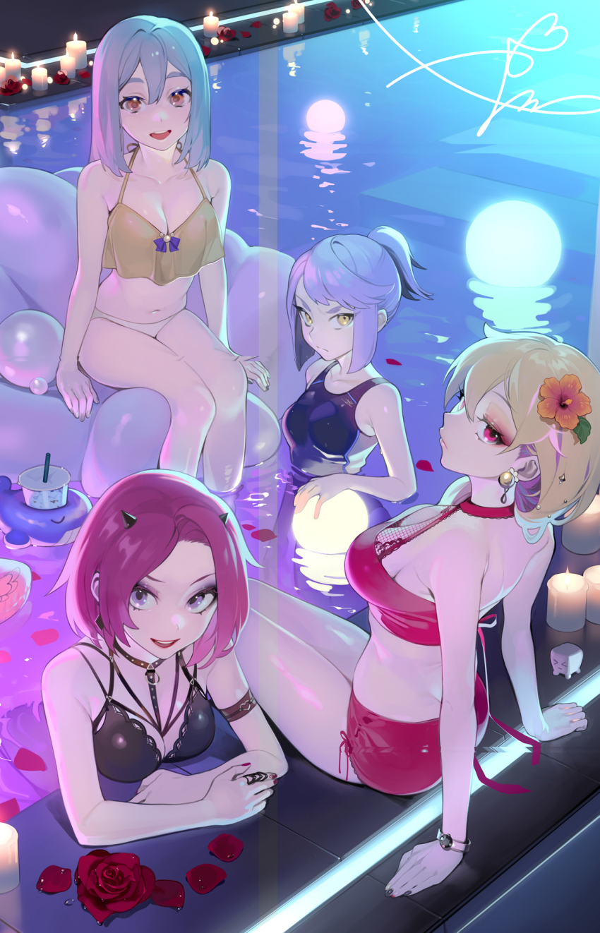 4girls :d arm_support armband bare_arms bare_shoulders bikini black_choker blonde_hair breasts choker cleavage closed_mouth copyright_request cup drinking_straw earrings eyelashes eyeshadow fingernails floating_lights flower grey_hair grey_nails hair_flower hair_ornament highres horns inflatable_chair jewelry lamp large_breasts leaning_back leaning_forward looking_at_viewer makeup medium_breasts medium_hair multiple_girls nail_polish navel ohisashiburi one-piece_swimsuit open_mouth orange_eyes orange_flower partially_submerged petals ponytail pool poolside purple_eyes purple_hair purple_one-piece_swimsuit red_bikini red_choker red_eyes red_flower red_hair red_nails red_rose ring rose rose_petals short_hair signature smile swimsuit wading watch white_bikini wristwatch yellow_eyes