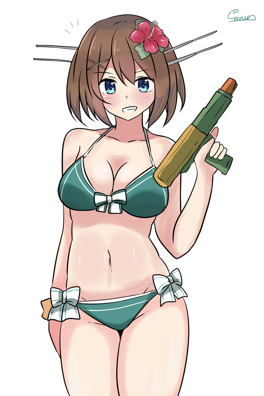 1girl absurdres bare_shoulders bikini blue_bikini blue_eyes blush breasts brown_hair cleavage cowboy_shot flower hair_flower hair_ornament highres kantai_collection looking_at_viewer maya_(kancolle) maya_(swimsuit_mode)_(kancolle) midriff navel noruren short_hair simple_background smile solo standing swimsuit thighs water_gun white_background x_hair_ornament