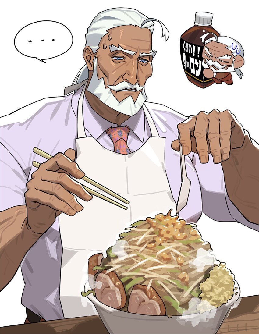 ... 1boy antenna_hair apron bara blue_eyes chibi chopsticks facial_hair food highres jp_(street_fighter) mustache noodles old old_man purple_shirt ramen sa1k0p shirt street_fighter street_fighter_6 sweat table utensil veins veiny_arms white_apron white_hair