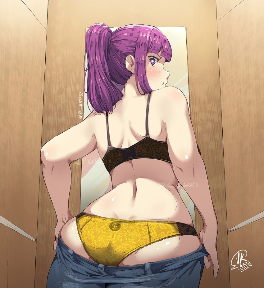 1girl ass ass_focus black_bra bra denim dressing_room fern_(sousou_no_frieren) high_ponytail highres indoors jeans jk_arts looking_back panties pants purple_eyes purple_hair solo sousou_no_frieren underwear yellow_panties