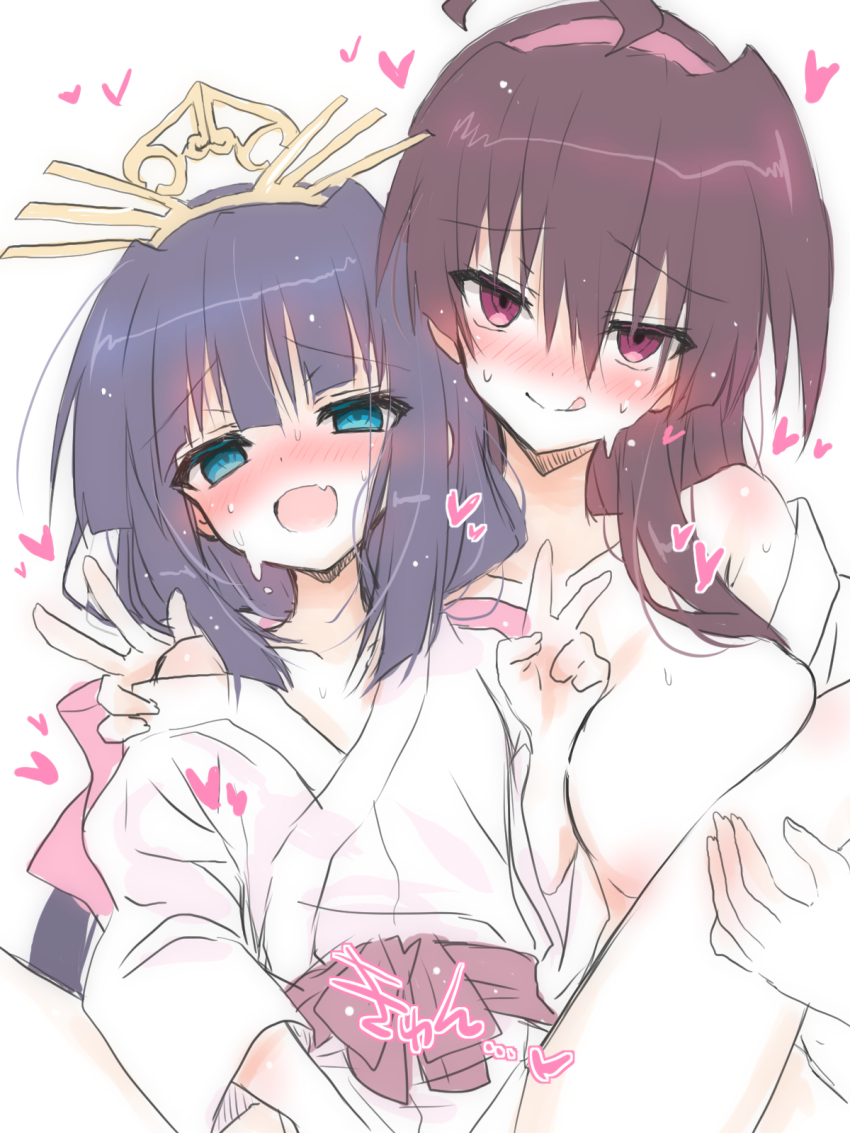 2girls :q ahoge akatsuki_(ggsy7885) blue_eyes blunt_sidelocks blush breast_press breasts brown_hair clothed_sex collarbone commentary_request fang frown grey_hair hairband hand_on_another&#039;s_leg hand_on_another&#039;s_shoulder hand_up happy_sex heart highres implied_sex japanese_clothes kimono large_breasts licking_lips long_hair looking_at_viewer loving_aura mochizuki_ayako multiple_girls nige_jouzu_no_wakagimi nose_blush open_mouth out-of-frame_censoring partially_undressed pink_hairband purple_eyes shizuku_(nige_jouzu_no_wakagimi) simple_background skin_fang sound_effects sweat tongue tongue_out v white_background white_kimono yuri