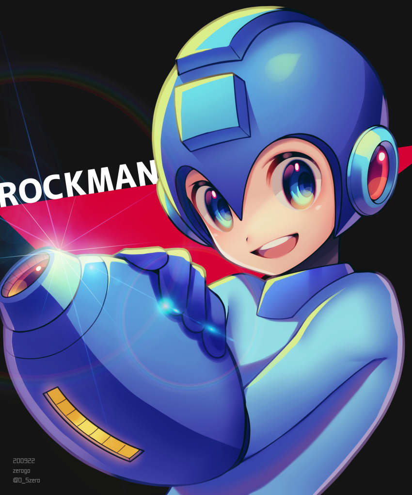 1boy :d absurdres android arm_cannon artist_name black_background blue_bodysuit blue_eyes blue_headwear blue_helmet bodysuit character_name commentary copyright_name dated glint hand_on_own_arm happy helmet highres looking_at_viewer male_focus mega_man_(character) mega_man_(classic) mega_man_(series) open_mouth smile solo teeth twitter_username upper_body upper_teeth_only weapon zero-go