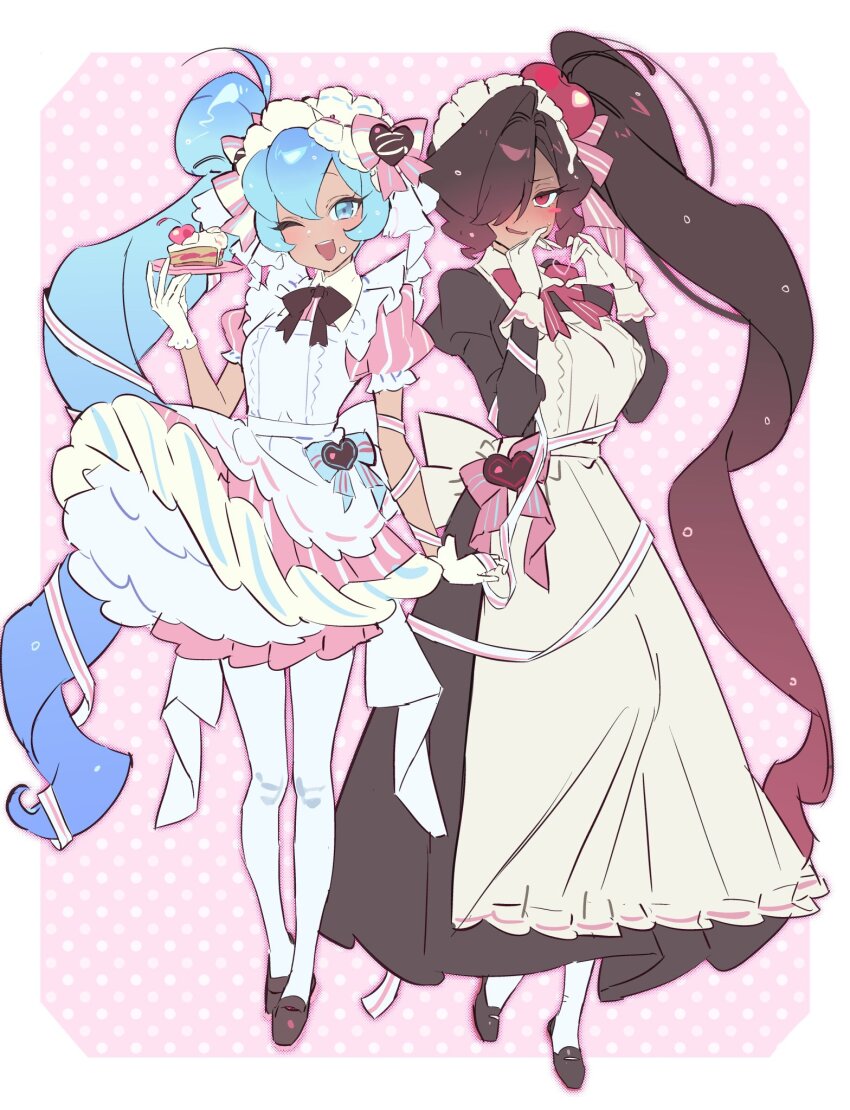 2girls :d apron black_bow black_dress black_footwear black_hair blue_eyes blue_hair blush blush_stickers border bow bowtie cake cherry_cola_cookie cherry_hair_ornament collared_dress commentary cookie_run cookie_run:_ovenbreak cookie_run:_tower_of_adventures cream_soda_cookie dress food food-themed_hair_ornament food_on_face frilled_dress frilled_hairband frills gloves gradient_hair hair_between_eyes hair_bow hair_ornament hair_over_one_eye hairband hashtag-only_commentary heart heart_hands highres holding holding_cake holding_food long_dress long_hair long_sleeves maid maid_headdress multicolored_hair multiple_girls ohta_guk_hip one_eye_closed open_mouth pink_background pink_bow pink_dress plate polka_dot polka_dot_background puffy_long_sleeves puffy_short_sleeves puffy_sleeves red_bow red_eyes red_hair ribbon shoes short_sleeves side_ponytail small_sweatdrop smile striped_clothes striped_dress two-tone_hair vertical-striped_clothes vertical-striped_dress very_long_hair white_apron white_border white_gloves white_hairband