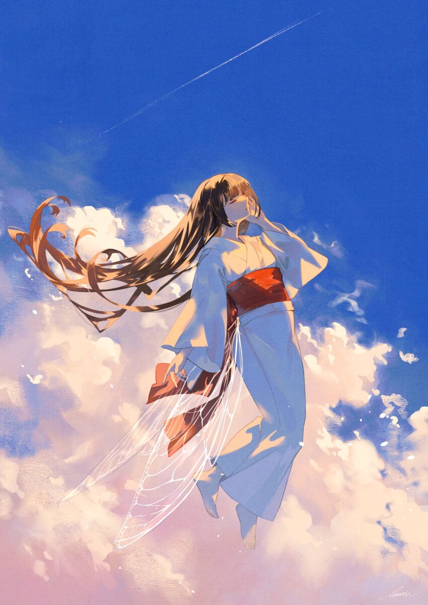 1girl back_bow barefoot blue_sky blunt_bangs bow brown_hair closed_eyes cloud contrail day facing_up floating floating_hair from_side hand_in_own_hair highres japanese_clothes kimono long_bangs long_hair long_sleeves obi open_mouth original outdoors red_bow sash signature sky solo toumin_(onemunemu99) very_long_hair white_kimono wide_sleeves