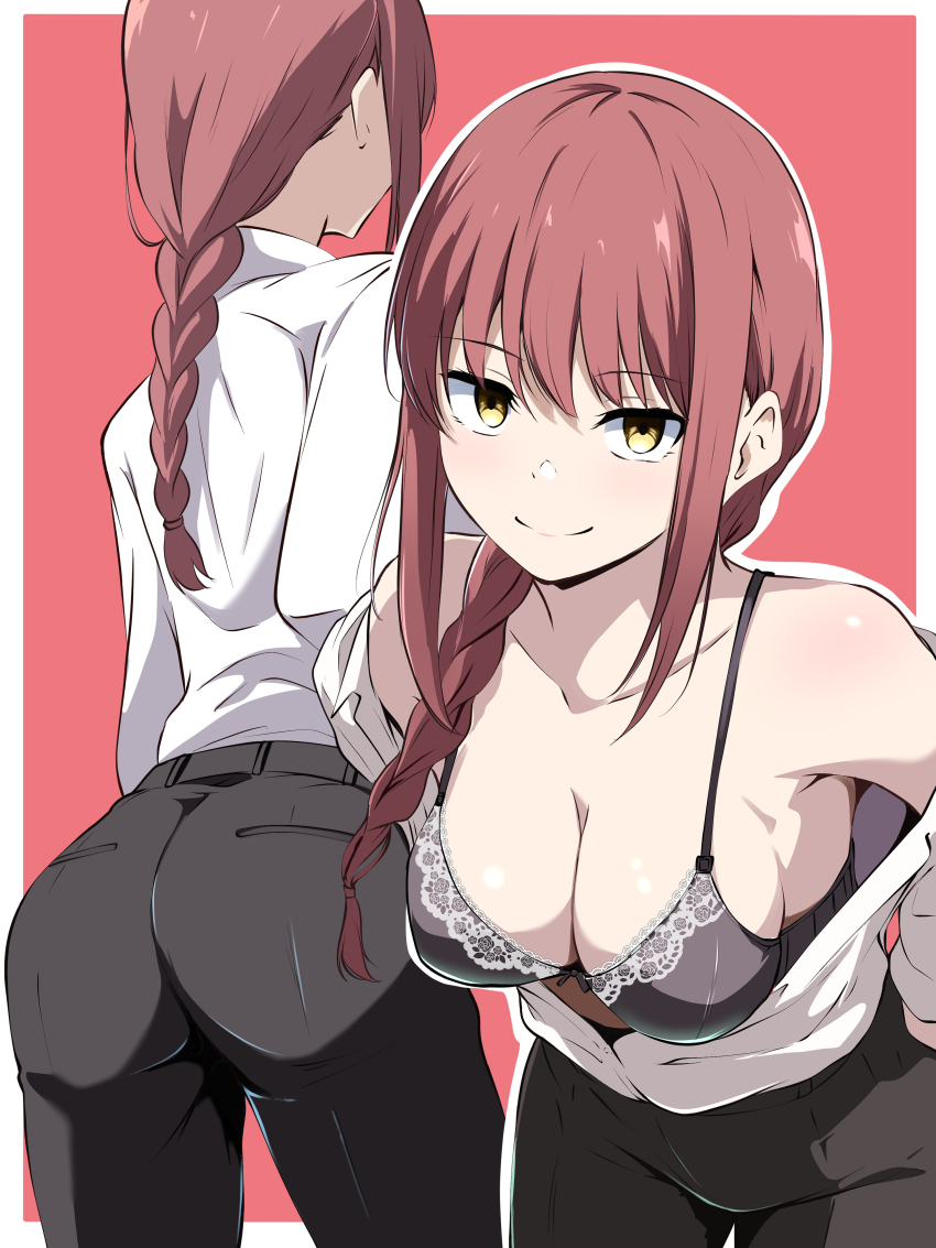 1girl absurdres ass bare_shoulders black_bra black_pants borgbutler bra braid braided_ponytail breasts chainsaw_man cleavage closed_mouth collared_shirt commentary_request highres large_breasts long_hair looking_at_viewer makima_(chainsaw_man) multiple_views off_shoulder pants red_background red_hair shirt smile unbuttoned underwear white_shirt yellow_eyes