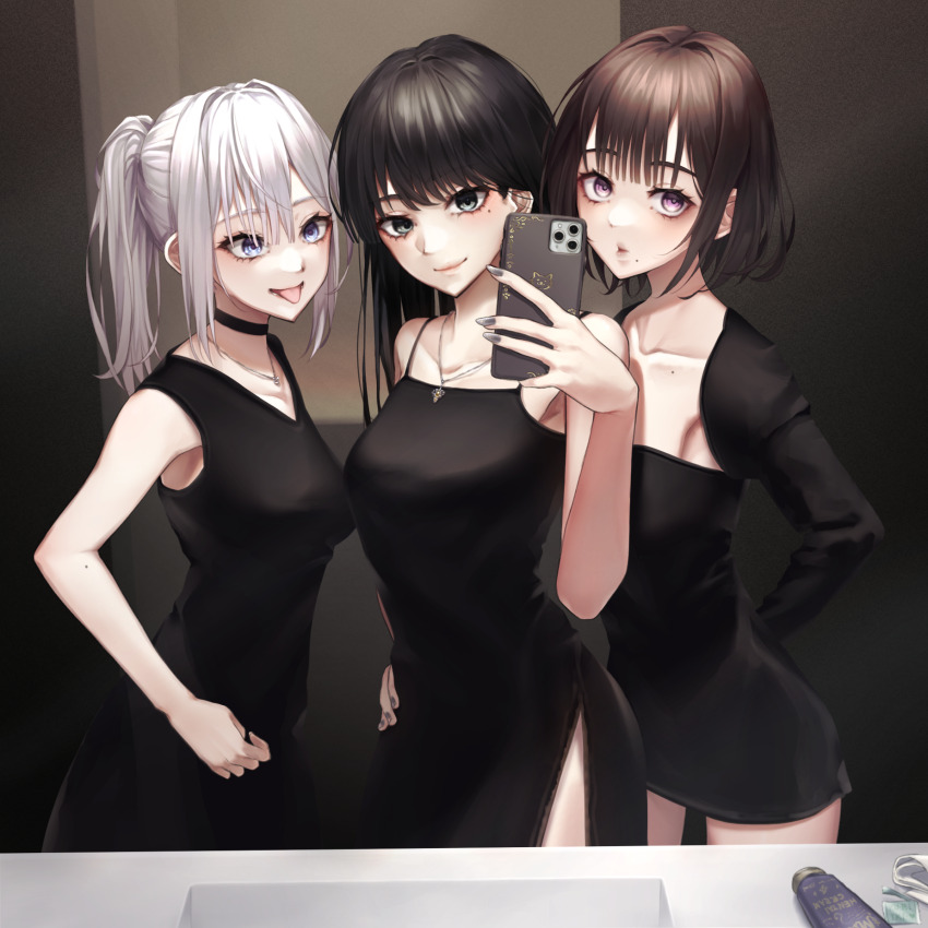 3girls bare_shoulders black_choker black_dress black_hair blue_eyes blue_nails brown_hair cellphone choker closed_mouth commentary_request dress green_eyes hand_up highres holding holding_phone indoors jewelry long_hair medium_hair mirror momonoko_noko multiple_girls nail_polish necklace original phone ponytail purple_eyes selfie short_hair shrug_(clothing) side_slit sleeveless sleeveless_dress smartphone tongue tongue_out white_hair