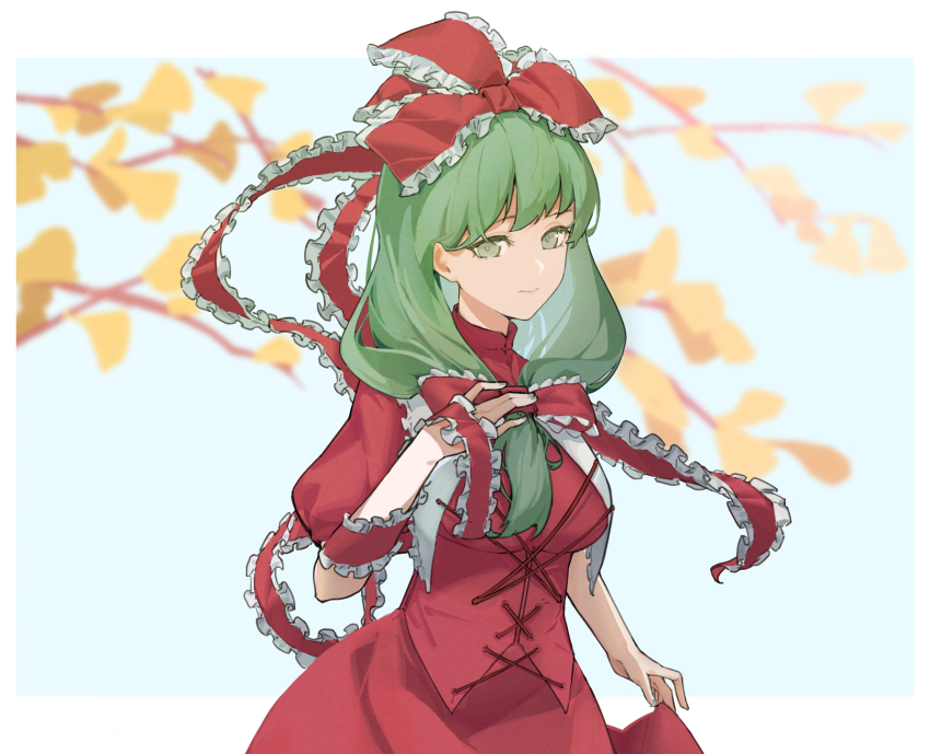 1girl arm_ribbon art_study bow frilled_ribbon frills front_ponytail ginkgo_leaf green_eyes green_hair hair_bow hair_ribbon highres kagiyama_hina leaf looking_at_viewer mistletoe. red_bow red_ribbon ribbon simple_background touhou white_background