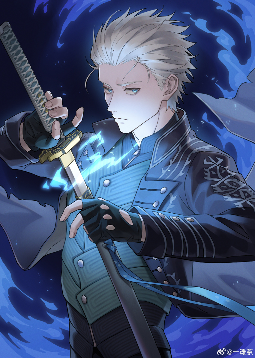 1boy absurdres bishounen blue_eyes blue_theme closed_mouth coat devil_may_cry_(series) devil_may_cry_5 fingerless_gloves gloves glowing hair_slicked_back highres holding holding_weapon katana looking_at_viewer male_focus pale_skin solo sword upper_body vergil_(devil_may_cry) weapon weibo_3893749281 white_hair yamato_(sword)