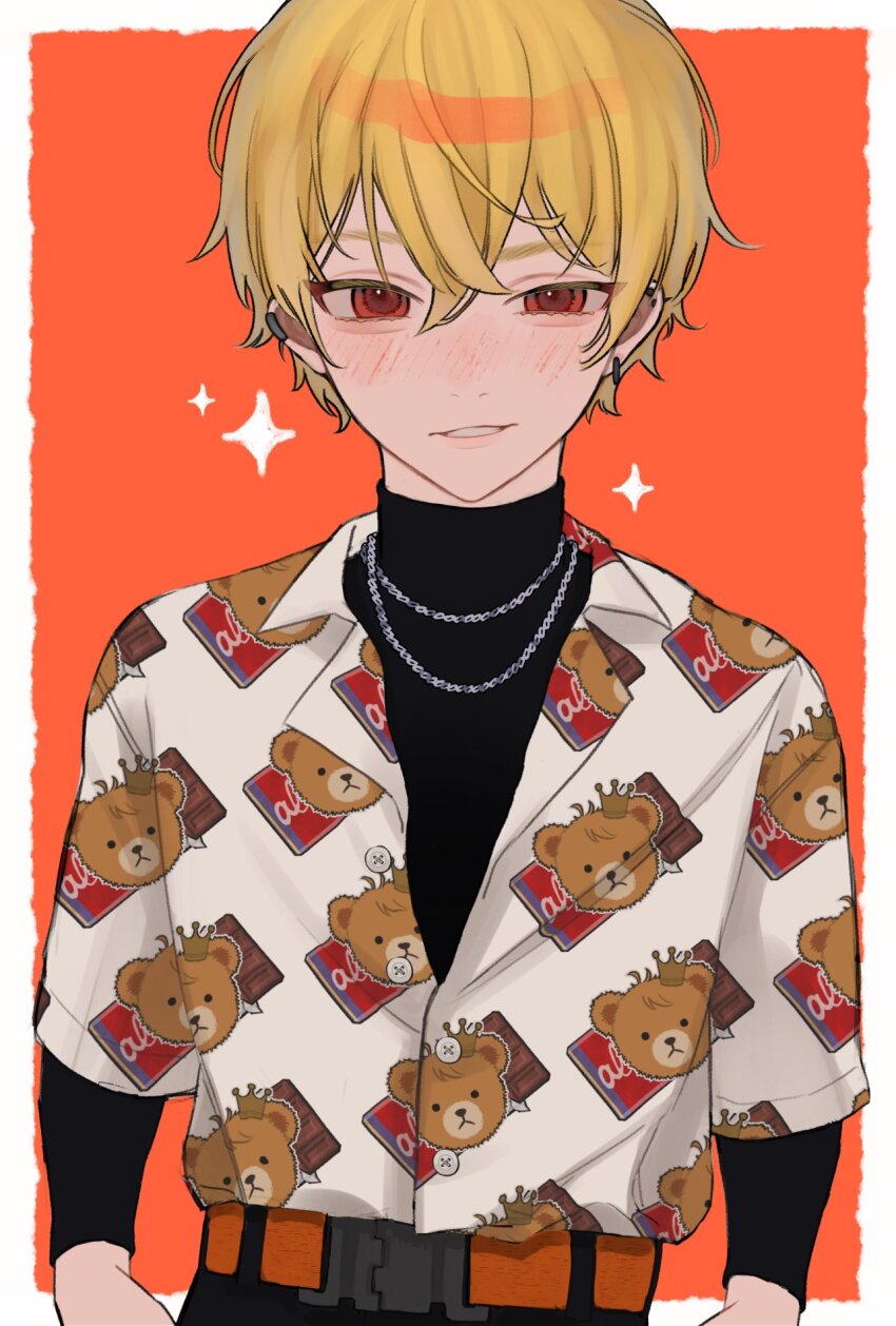 1boy belt black_shirt blonde_hair blush border chain chain_necklace commentary_request ear_piercing earrings hair_between_eyes hawaiian_shirt highres inukai_(inusuki_oc) jewelry long_sleeves looking_at_viewer necklace orange_background orange_belt original parted_lips patterned_clothing piercing red_eyes shirt smile solo star_(symbol) stuffed_animal stuffed_toy teddy_bear teeth turtleneck turtleneck_shirt white_border