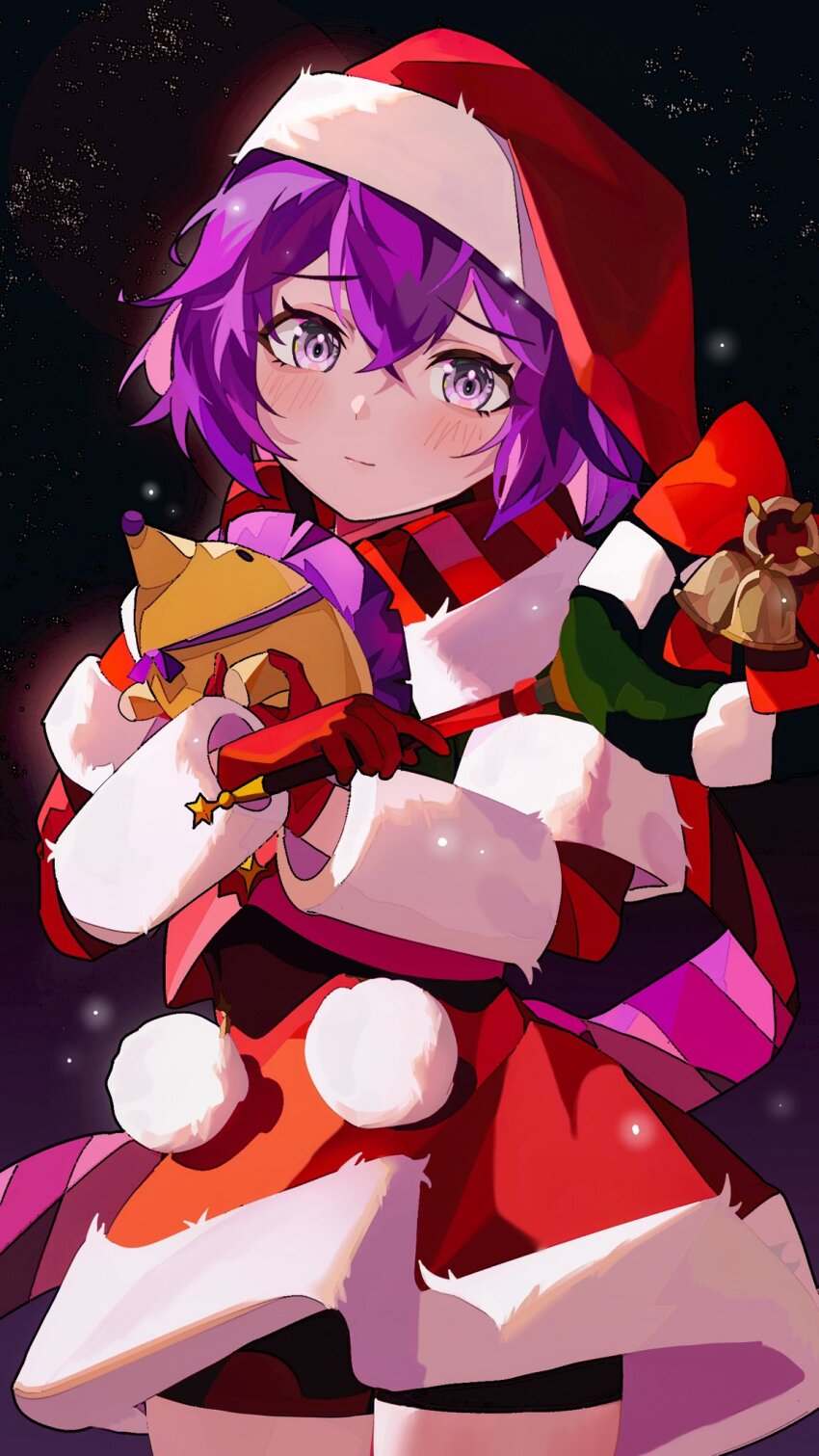 1girl bernadetta_von_varley bernadetta_von_varley_(winter) bike_shorts black_background blush capelet christmas christmas_ornaments christmas_wreath closed_mouth cowboy_shot dress fire_emblem fire_emblem:_three_houses fire_emblem_heroes fur-trimmed_headwear fur_trim gbbgb321 gloves grey_eyes hat hedgehog highres holding nintendo official_alternate_costume pom_pom_(clothes) purple_eyes purple_hair red_capelet red_dress red_gloves santa_costume santa_dress santa_hat scarf short_hair shorts solo stuffed_animal stuffed_hedgehog stuffed_toy wreath