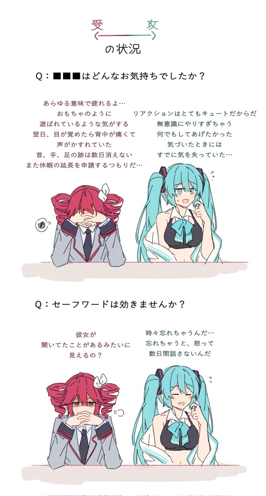 2girls ahoge alternate_costume alternate_universe black_necktie black_shirt blue_eyes blue_hair blue_ribbon bow breasts chinese_commentary chinese_text closed_eyes collared_shirt commentary_request cropped_shirt drill_hair elbows_on_table flat_chest frontiersun grey_jacket hair_bow hatsune_miku highres interlocked_fingers jacket kasane_teto kasane_teto_(sv) long_hair long_sleeves looking_at_viewer medium_breasts midriff_peek multiple_girls navel neck_ribbon necktie open_mouth own_hands_together red_eyes red_hair red_trim ribbon shirt sleeves_past_elbows spoken_squiggle squiggle surprised sweatdrop synthesizer_v table translation_request twin_drills twintails utau vocaloid white_bow white_shirt