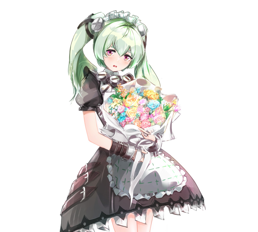 1girl absurdres apron black_dress blue_flower blush bouquet commentary_request corin_wickes dress flower green_hair hair_between_eyes highres holding holding_bouquet huijin long_hair looking_at_viewer maid maid_headdress open_mouth pink_eyes pink_flower puffy_short_sleeves puffy_sleeves screw_hair_ornament short_sleeves simple_background solo twintails white_apron white_background yellow_flower zenless_zone_zero