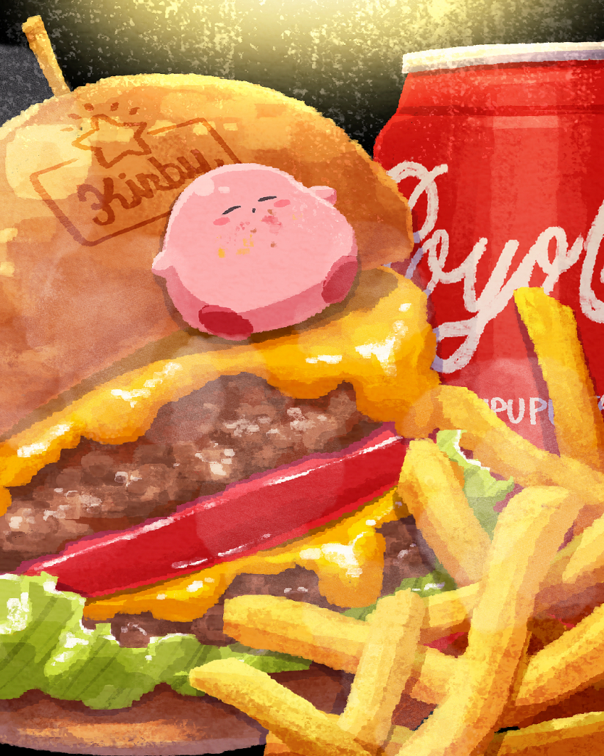 blush_stickers burger cheese closed_eyes closed_mouth coca-cola food food_focus food_on_face french_fries highres kirby kirby_(series) lettuce meat miclot nintendo no_humans pink_footwear shoes sleeping tomato toothpick