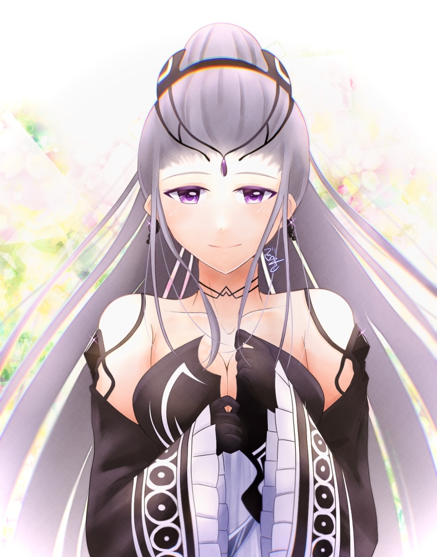 1girl bare_shoulders black_dress black_gloves breasts cleavage collarbone detached_sleeves dlllll_lllllb dress earrings eir_(fire_emblem) fire_emblem fire_emblem_heroes gloves grey_hair highres jewelry long_hair long_sleeves looking_at_viewer medium_breasts nintendo purple_eyes smile solo strapless strapless_dress upper_body very_long_hair wide_sleeves