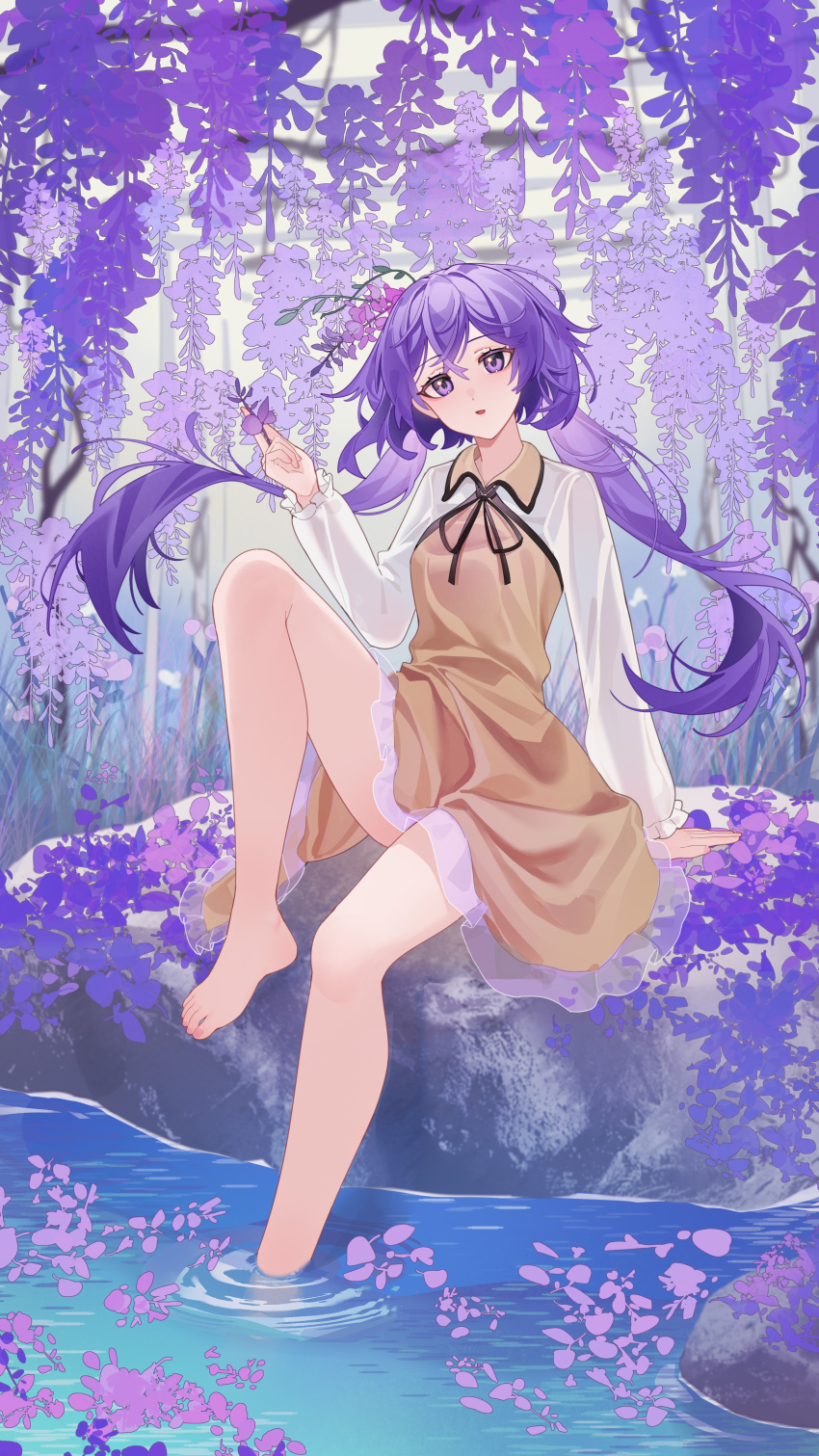 1girl absurdres ailu_elf barefoot dress flower highres purple_eyes purple_flower purple_hair purple_theme sitting solo touhou tsukumo_benben water yellow_dress