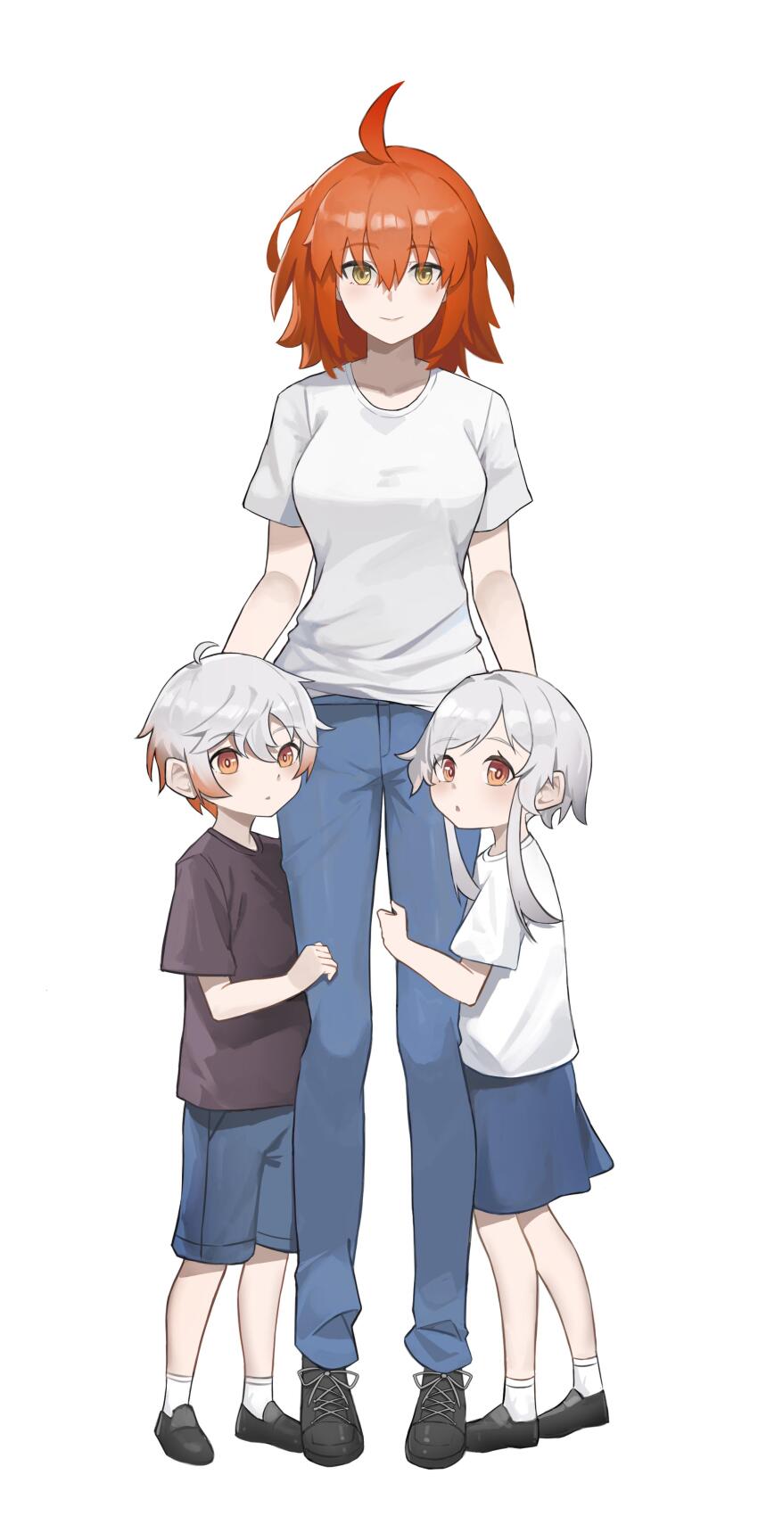 1boy 2girls absurdres ahoge black_footwear black_shirt blue_pants breasts brother_and_sister family fate/grand_order fate_(series) fujimaru_carina_(altermagna) fujimaru_emerys_(altermagna) fujimaru_ritsuka_(female) highres if_they_mated large_breasts looking_at_viewer mother_and_daughter mother_and_son multicolored_hair multiple_girls noir_(noir_reveur) orange_eyes orange_hair original pants shirt short_hair shorts siblings skirt white_hair white_shirt