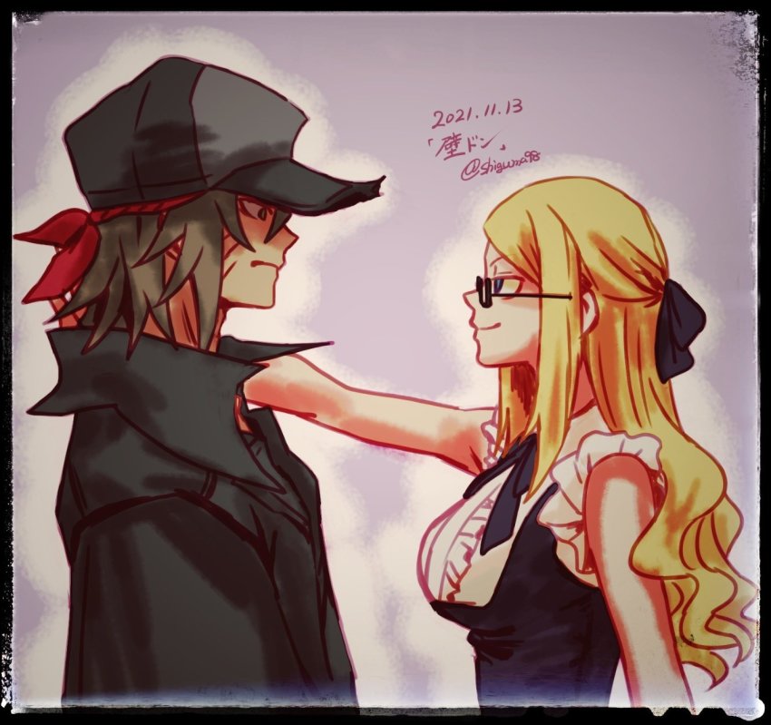 1boy 1girl bandana baseball_cap black_coat black_dress black_headwear blonde_hair blue_eyes bow breasts closed_mouth coat collared_coat dark-skinned_male dark_skin dress facial_mark glasses grey_hair hat highres kabedon konishi_mitsuki large_breasts long_hair minamimoto_sho rectangular_eyewear sleeveless sleeveless_dress smile spiked_hair subarashiki_kono_sekai upper_body vest waistcoat whisker_markings