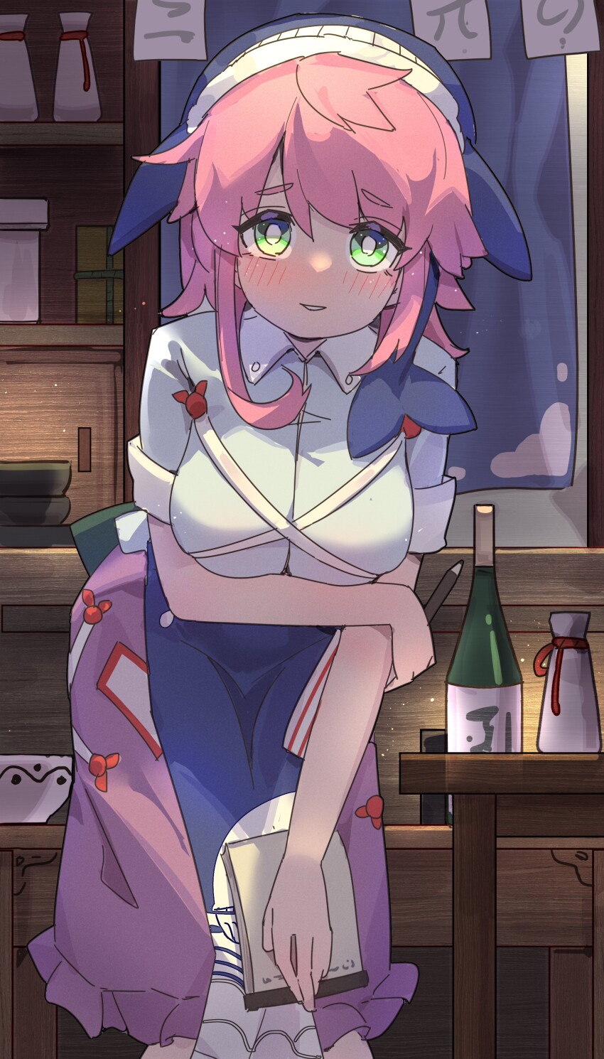 1girl absurdres animal_hat animal_print apron blue_apron blue_hat blue_shirt bottle breasts choko_(cup) cup fish_print gourd green_eyes guming_diban hat highres izakaya large_breasts leaning_forward looking_at_viewer ofuda ofuda_on_clothes okunoda_miyoi parted_lips pink_hair purple_skirt sake_bottle shirt skirt solo tokkuri touhou upper_body whale_hat whale_print