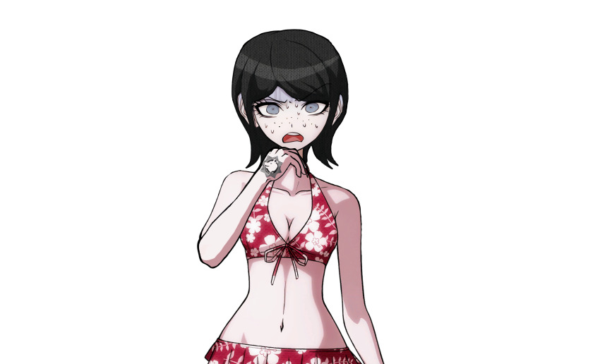 1girl absurdres bikini black_hair blue_eyes breasts cleavage collarbone danganronpa:_trigger_happy_havoc danganronpa_(series) danganronpa_s:_ultimate_summer_camp drakidor eyebrows eyelashes female_focus floral_print floral_print_bikini freckles hand_tattoo hand_up highres ikusaba_mukuro medium_breasts navel official_style open_mouth solo sweat sweatdrop swimsuit tattoo tattoo_on_hand teeth third-party_edit tongue transparent_background upper_body upper_teeth_only worried