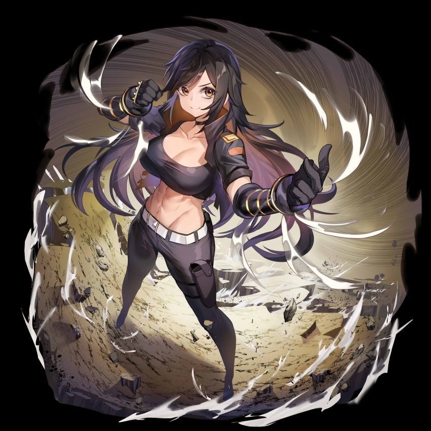 1girl abs absurdres black_hair brass_knuckles breasts choker commission fighting_stance gendo0032 gloves highres holster large_breasts long_hair original sera_(judgemint) smile solo weapon