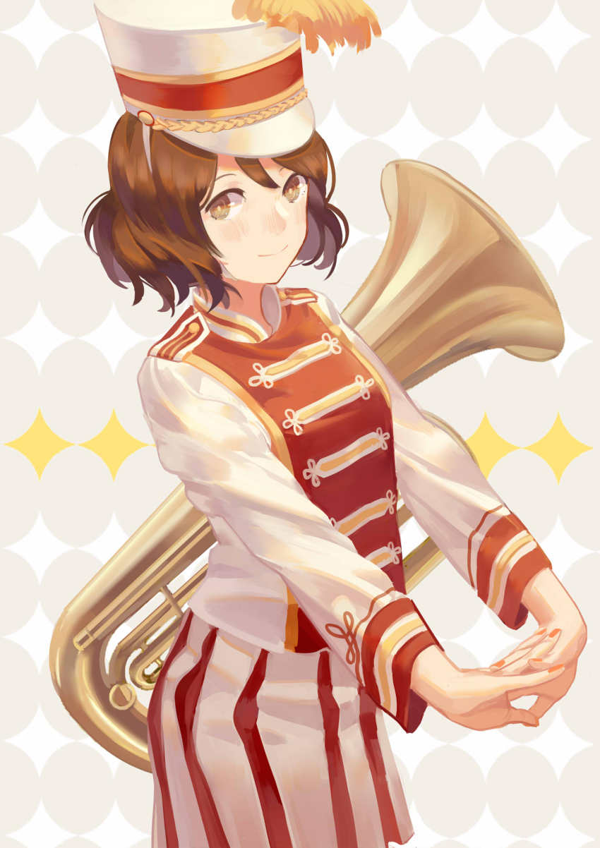 10s 1girl band_uniform braided_cord brown_gloves brown_hair cable female_focus gloves hat hat_feather hibike!_euphonium highres instrument long_sleeves nail_polish norizc oumae_kumiko shako_cap simple_background smile solo tuba