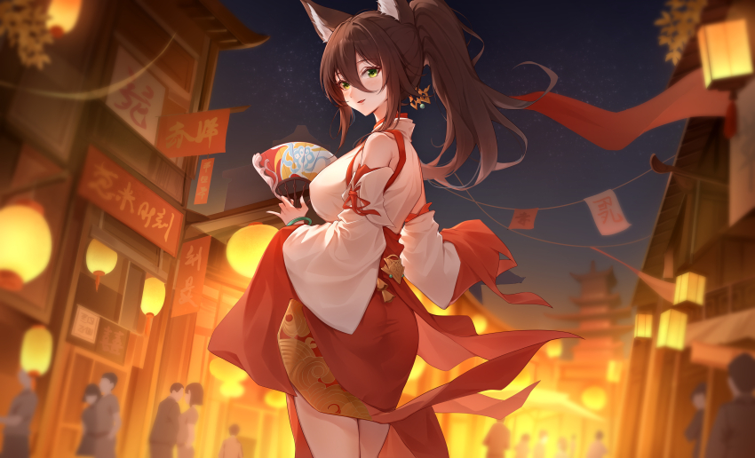 1girl absurdres alternate_costume animal_ears architecture ass bare_shoulders blush bracelet breasts brown_hair cowboy_shot detached_sleeves east_asian_architecture fox_ears fox_girl from_side green_eyes hair_between_eyes hand_fan highres holding holding_fan honkai:_star_rail honkai_(series) jewelry large_breasts long_hair long_hair_between_eyes looking_at_viewer looking_back negi_kome night night_sky open_mouth outdoors people ponytail red_skirt shirt skirt sky sleeveless sleeveless_shirt solo_focus tingyun_(honkai:_star_rail) white_shirt wide_sleeves