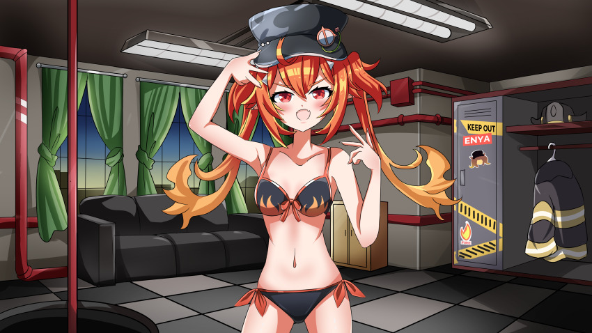 1girl absurdres bare_shoulders belly black_bra black_panties bow bra breasts commission curtains electric_fan enya_ignis fang hat highres idol_corp indoors knee_up knees_up long_hair looking_at_viewer multicolored_hair navel open_mouth orange_hair panties pointy_ears red_eyes ribbon skin_fang small_breasts solo thighs twintails underwear underwear_only virtual_youtuber window