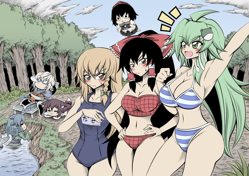 1boy 6+girls ahoge alternate_costume arm_up armpits ass bikini black_eyes black_hair blonde_hair blue_hair blush breasts brown_eyes brown_hair camera chair checkered_clothes checkered_swimsuit chibi cleavage cloud cloudy_sky collarbone day forest glasses green_eyes green_hair hair_ornament hakurei_reimu hand_on_own_chest hat hidefu_kitayan highres imaizumi_kagerou kirisame_marisa kochiya_sanae lake large_breasts long_hair looking_at_viewer medium_breasts midriff morichika_rinnosuke multiple_girls nature nose_bubble on_floor open_mouth outdoors red_bikini school_swimsuit shameimaru_aya short_hair sky sleeping small_breasts striped_bikini striped_clothes sweatdrop swimsuit thighs touhou wakasagihime white_hair wide_hips