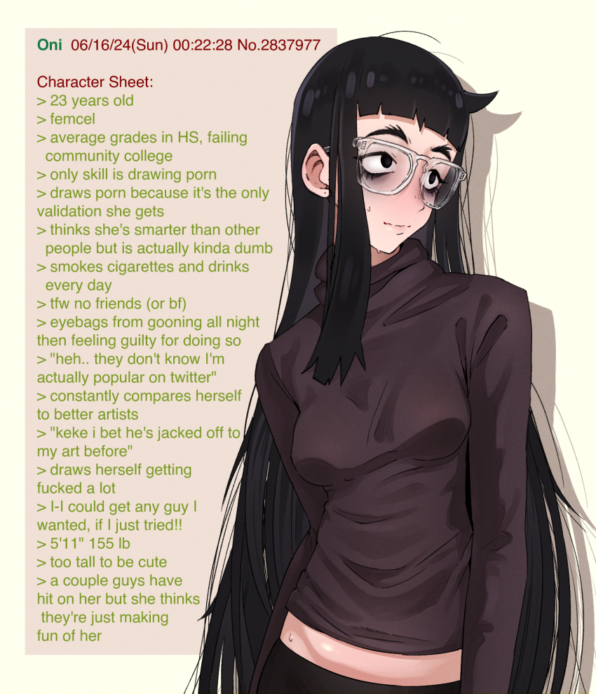 1girl 4chan bags_under_eyes black_eyes black_hair breasts character_profile closed_mouth commentary dated drop_shadow english_commentary english_text glasses highres long_hair long_sleeves midriff mixed-language_commentary mojo original profanity softshikioni solo sweat thick_eyebrows timestamp transparent-framed_eyewear turning_head turtleneck very_long_hair