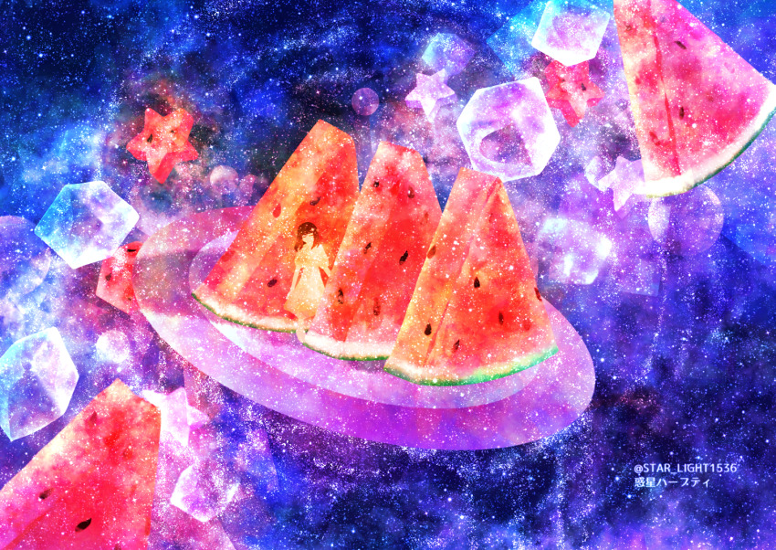 1girl brown_hair cube dress food food_focus fruit long_hair mini_person minigirl original solo standing star_(symbol) star_symbol_background wakusei_habuti watermelon watermelon_seeds watermelon_slice yellow_dress