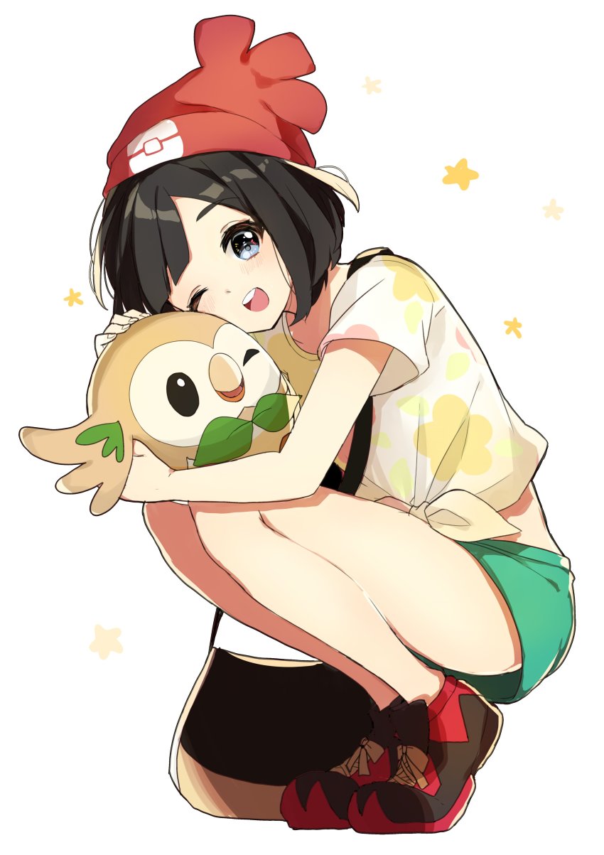 1girl absurdres bag bare_legs beanie bird black_hair blue_eyes creatures_(company) game_freak gen_7_pokemon handbag hat highres nintendo one_eye_closed owl pokemon pokemon_(creature) pokemon_sm red_headwear rowlet selene_(pokemon) shirt shoes short_hair short_shorts short_sleeves shorts sneakers sogawa squatting swept_bangs t-shirt