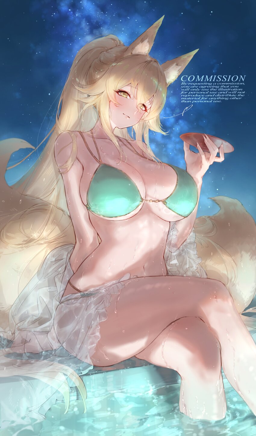 1girl absurdres animal_ear_fluff animal_ears bikini blonde_hair blush breasts cleavage closed_mouth crossed_legs cup eshineko fox_ears fox_girl fox_tail green_bikini hair_between_eyes highres holding holding_cup large_breasts long_hair looking_at_viewer multiple_tails navel night night_sky original outdoors ponytail sakazuki sitting sky solo suirin_(tukikagerou) swimsuit tail thighs water yellow_eyes