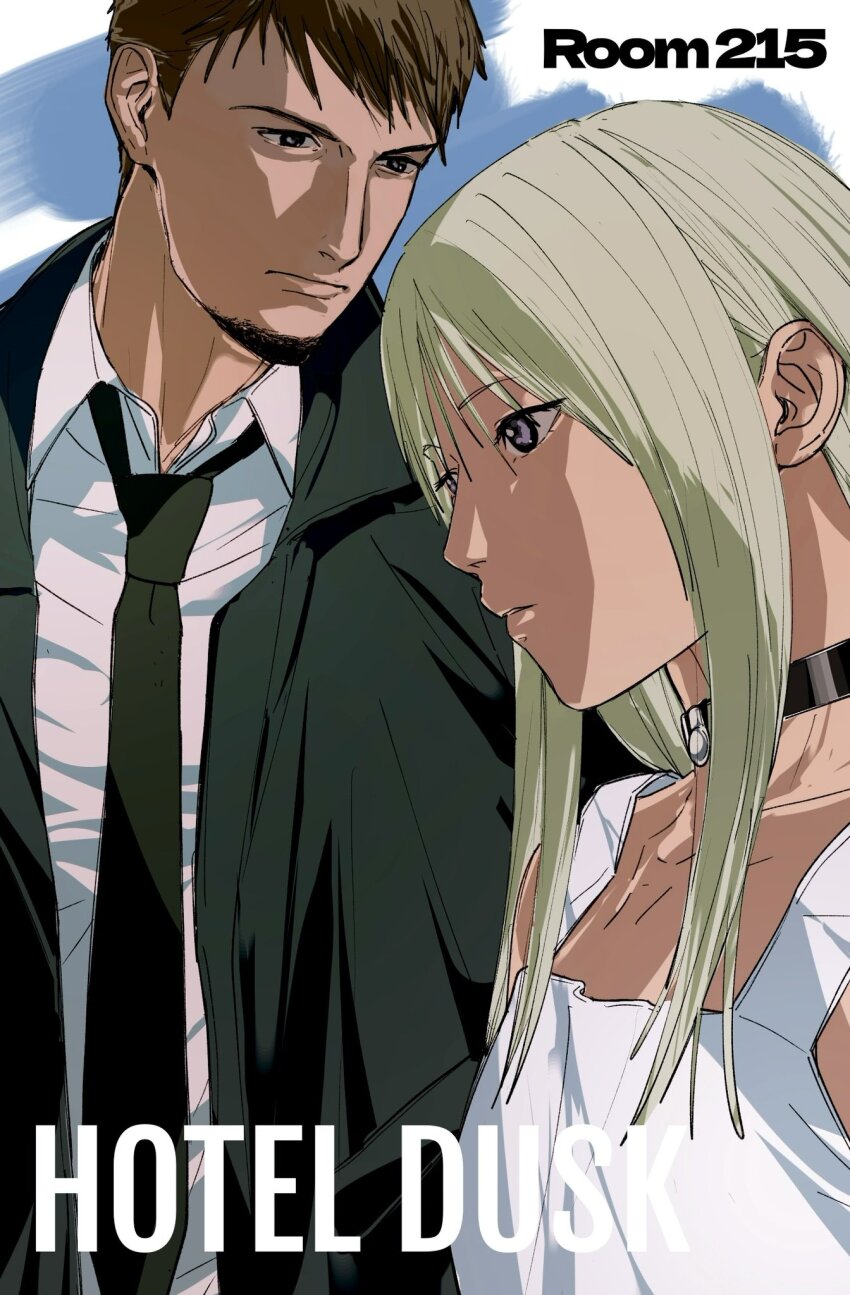 1boy 1girl amikoiiko black_choker blonde_hair blue_background brown_hair brush_stroke choker collarbone commentary copyright_name down_jacket dress dress_shirt english_commentary english_text facial_hair facing_to_the_side facing_viewer goatee green_jacket green_necktie grey_eyes highres hotel_dusk jacket kyle_hyde long_hair looking_at_another looking_down loose_necktie mila_evans mismatched_eyebrows mismatched_facial_hair necktie purple_eyes shirt short_hair simple_background sleeveless sleeveless_dress two-tone_background upper_body white_background white_shirt