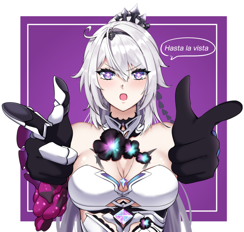 1girl bare_shoulders blush breasts cleavage double_finger_gun dress finger_gun gem grey_hair hair_between_eyes hair_ornament honkai_(series) honkai_impact_3rd kiana_kaslana kiana_kaslana_(herrscher_of_finality) large_breasts lion_space long_hair neck_flower open_mouth pink_pupils pointing pointing_at_viewer purple_eyes shiny_skin solo speech_bubble star-shaped_pupils star_(symbol) symbol-shaped_pupils white_dress