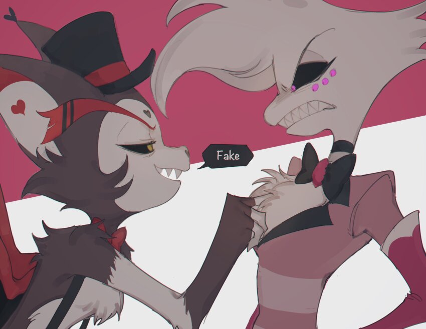 2boys angel_dust angry animal_ears animal_nose black_bow black_bowtie black_choker black_fur black_headwear black_sclera body_fur bow bowtie brown_fur cat_boy cat_ears choker chromatic_aberration clenched_teeth colored_sclera commentary english_text extra_eyes eye_contact from_side furry furry_male gloves hand_on_another&#039;s_chest hat hazbin_hotel highres husk_(hazbin_hotel) jacket looking_at_another male_focus monster_boy multiple_boys natto_rain open_mouth pink_background pink_eyes pink_gloves pink_jacket profile red_bow red_bowtie sharp_teeth simple_background smile speech_bubble striped_clothes striped_jacket suspenders teeth top_hat traditional_bowtie two-tone_background two-tone_fur upper_body v-shaped_eyebrows white_background white_fur wings yellow_eyes