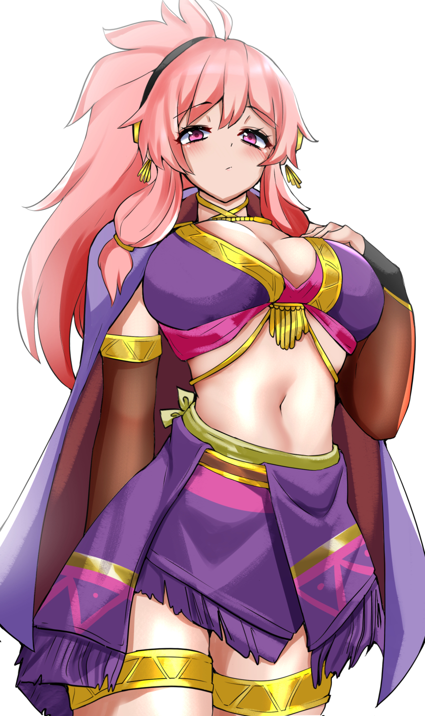 1340smile 1girl absurdres blush breasts bridal_gauntlets cape cleavage closed_mouth cowboy_shot eyelashes fire_emblem fire_emblem:_the_sacred_stones fire_emblem_heroes highres large_breasts long_hair looking_at_viewer marisa_(fire_emblem) marisa_(jehanna)_(fire_emblem) navel nintendo official_alternate_costume pink_eyes pink_hair ponytail purple_cape solo white_background