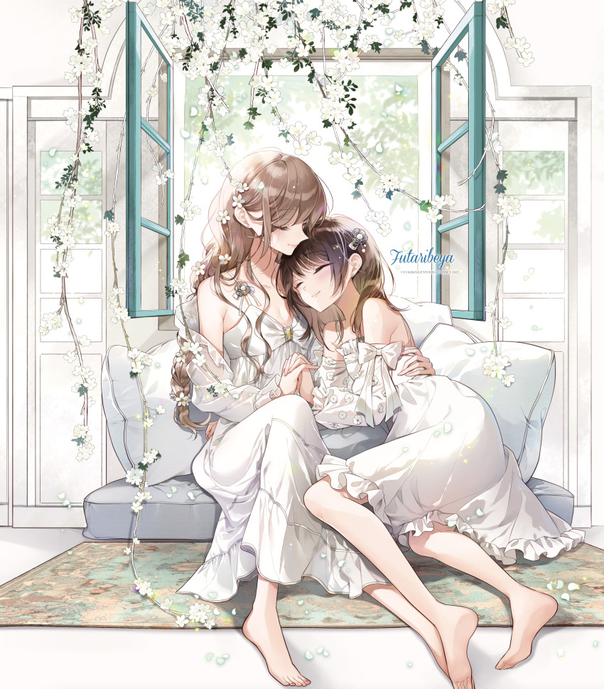 2girls absurdres blush brown_hair clip_studio_paint_(medium) couple dress flower futaribeya hair_flower hair_ornament highres kawawa_sakurako light_brown_hair long_hair looking_at_another multiple_girls official_art original smile wavy_hair white_dress wife_and_wife yamabuki_kasumi yukiko_(tesseract) yuri