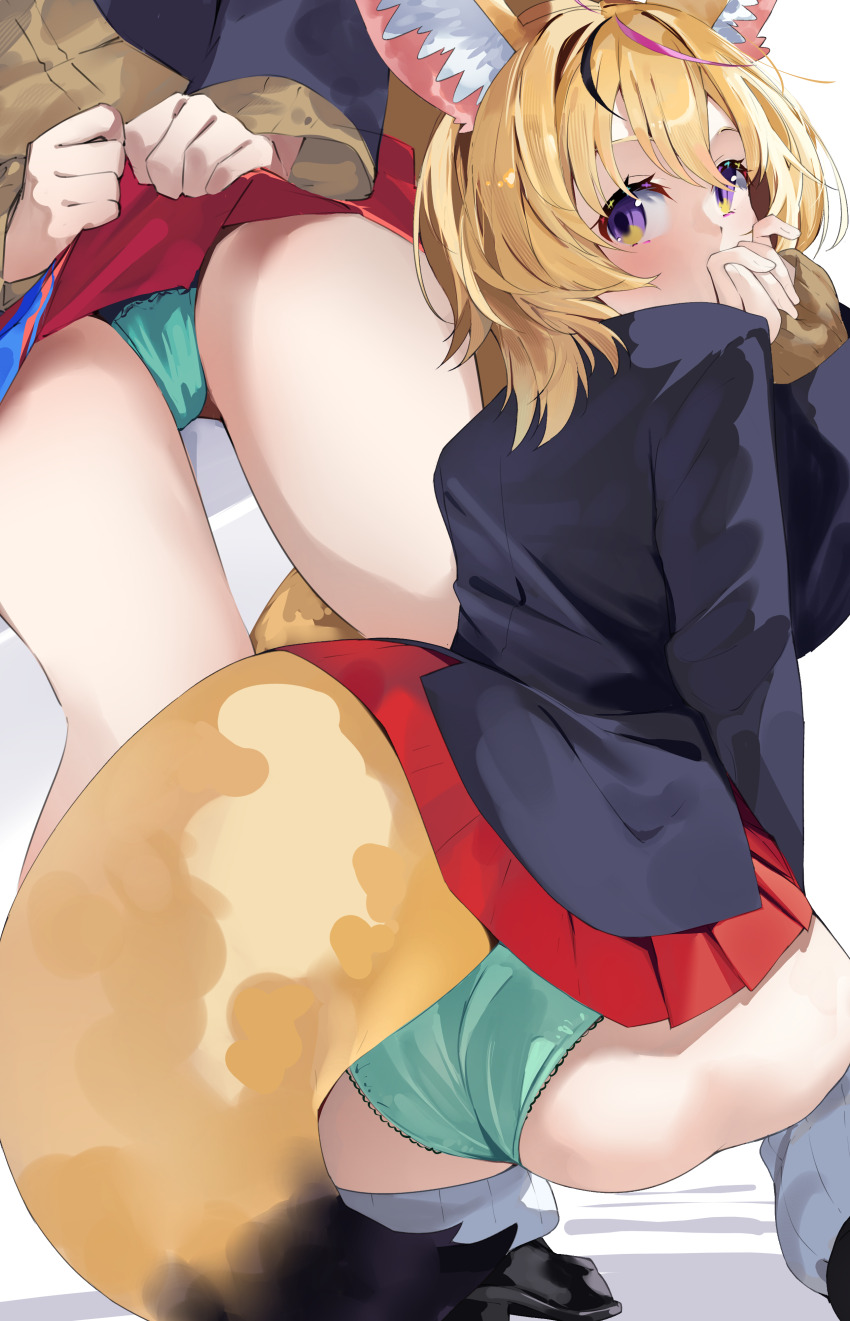 1girl absurdres animal_ears artist_request ass blonde_hair blush embarrassed fox_ears fox_tail from_behind green_eyes highres hololive looking_at_viewer looking_back looking_down miniskirt omaru_polka panties school_uniform short_hair skirt solo tail thick_thighs thighs underwear virtual_youtuber