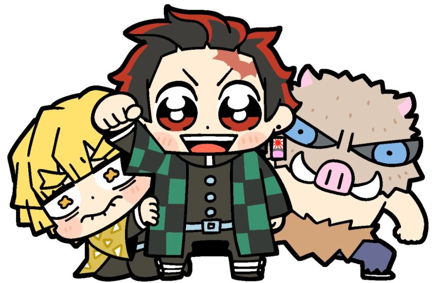 3boys :d agatsuma_zenitsu arm_at_side arm_up biting_own_lip bkub black_hair blonde_hair blush boar_mask bright_pupils checkered_haori chibi chibi_only clenched_hand demon_slayer_uniform dot_nose earrings forked_eyebrows hair_slicked_back hanafuda_earrings haori hashibira_inosuke japanese_clothes jewelry kamado_tanjirou kimetsu_no_yaiba kishimen_hair kneeling legs_apart looking_at_viewer male_focus multicolored_hair multiple_boys open_mouth red_eyes red_hair scar scar_on_face scar_on_forehead short_hair simple_background smile standing two-tone_hair v-shaped_eyebrows white_background white_pupils yellow_eyes