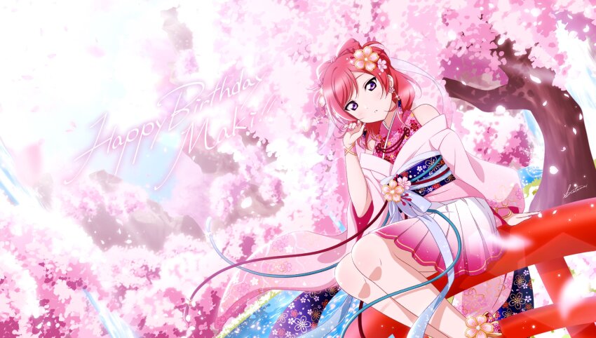 1girl bow character_name cherry_blossoms commentary_request dutch_angle feet_out_of_frame gradient_clothes gradient_skirt hair_bow hand_rest hand_up happy_birthday highres japanese_clothes kimono love_live! love_live!_school_idol_project medium_hair medium_skirt nishikino_maki obi off_shoulder on_railing outdoors parted_lips pink_kimono pink_skirt pleated_skirt purple_eyes purple_sash railing red_hair sash shiratama_(siratama_ll) short_kimono sitting skirt solo split_mouth white_skirt