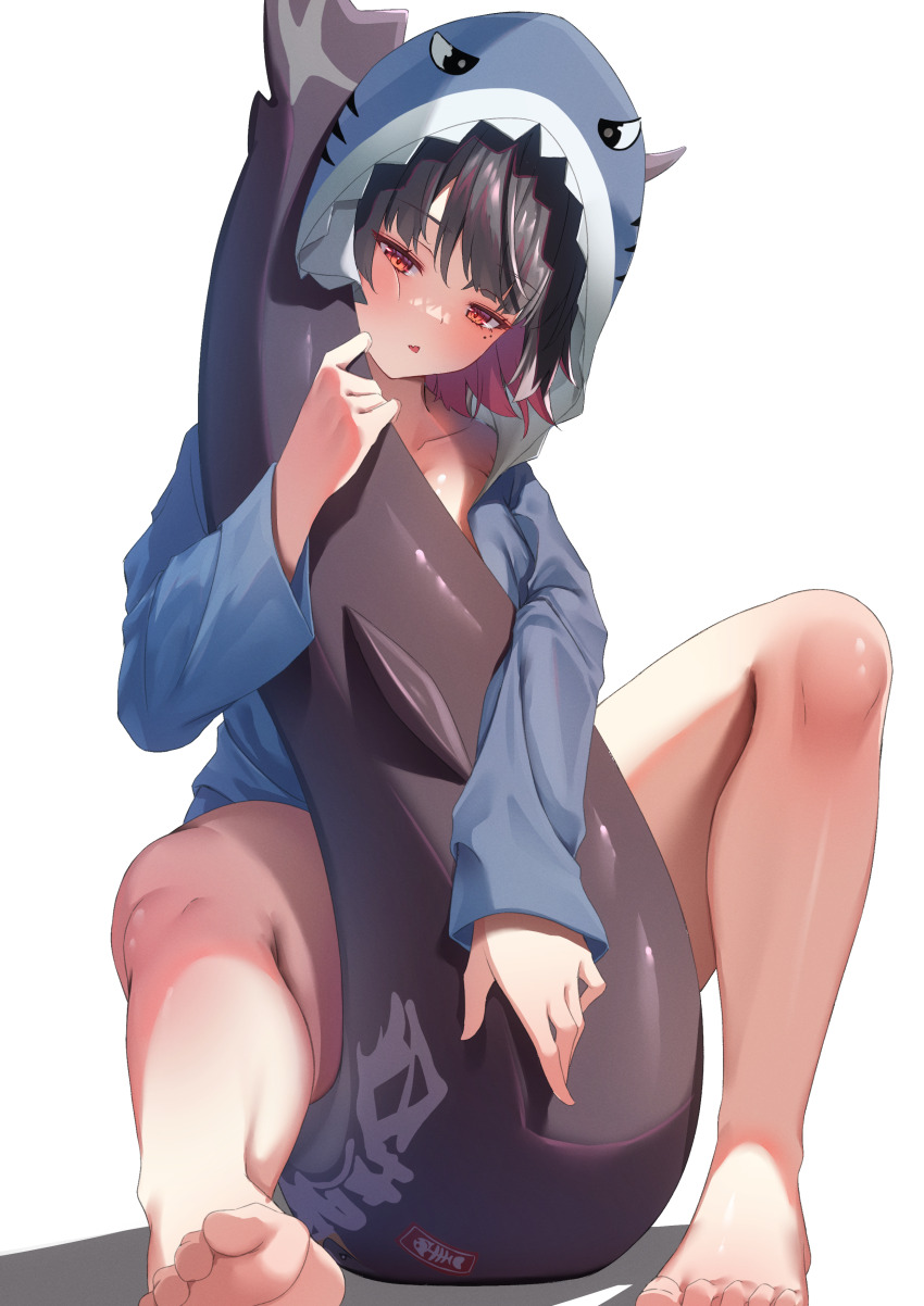 1girl absurdres alternate_costume animal_costume animal_hood bare_legs barefoot black_hair blue_hoodie breasts collarbone colored_inner_hair ellen_joe fang feet fins fish_tail highres holding_own_tail hood hood_up hoodie hugging_own_tail hugging_tail legs looking_at_viewer medium_breasts mole mole_under_eye multicolored_hair parted_lips red_eyes red_hair s_potato1663 scar scar_on_tail shadow shark_costume shark_girl shark_hood shark_tail short_hair simple_background sitting solo tail thighs toes two-tone_hair zenless_zone_zero