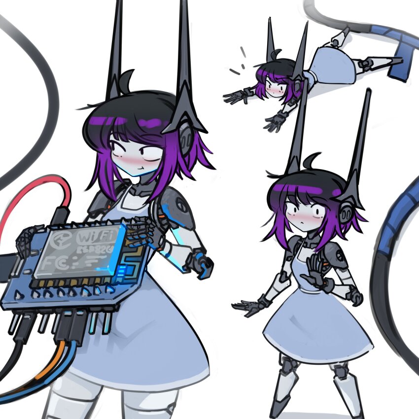 1girl :&lt; absurdres android black_hair blue_dress blush cable computer_chip dress highres holding mini_person minigirl multiple_views notice_lines nradiowave original personification purple_hair robot_ears short_hair smile surprised wide-eyed