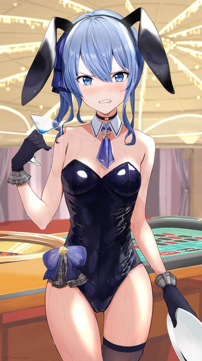 1girl absurdres angry animal_ears bare_shoulders black_leotard blue_eyes blue_hair blush bow bowtie breasts cleavage covered_navel cup detached_collar fake_animal_ears hair_ornament highres holding holding_cup hololive hoshimachi_suisei leotard looking_at_viewer medium_breasts medium_hair playboy_bunny rabbit_ears ribbon scowl single_thighhigh solo strapless strapless_leotard thighhighs towrituka traditional_bowtie virtual_youtuber wrist_cuffs